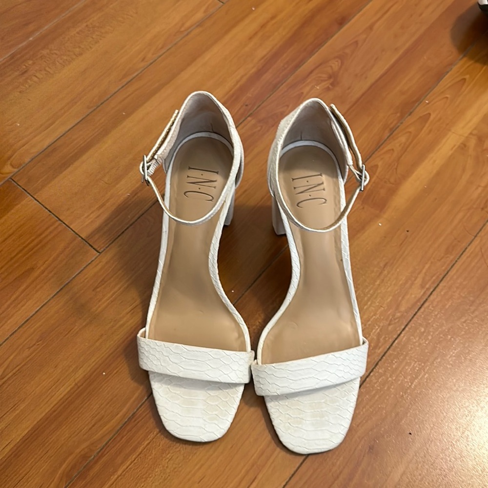 INC white snake skin heels